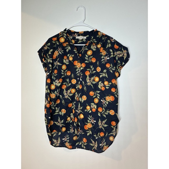 LOFT Tops - navy blue w/all over orange fruit LOFT short-sleeve button-down shirt L Resort